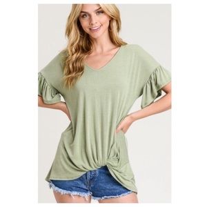 New Sage Green V Neck T Shirt With Ruffle Sleeve And Twist Knot Front Hem